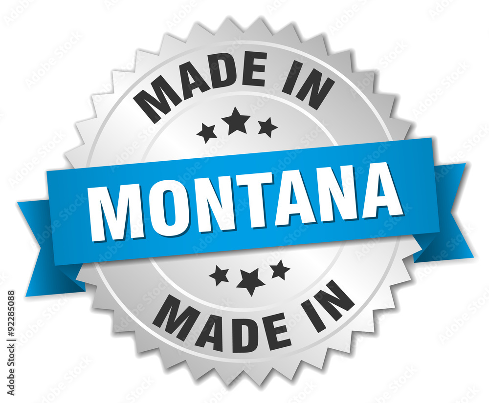 made in Montana silver badge with blue ribbon made in Montana silver badge with blue ribbon