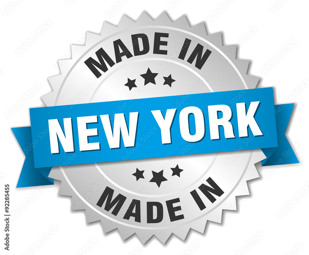 made in New York silver badge with blue ribbon made in New York silver badge with blue ribbon