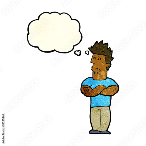 cartoon sulking man with thought bubble