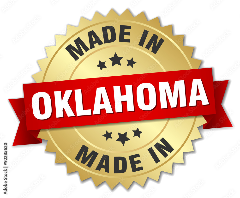 made in Oklahoma gold badge with red ribbon made in Oklahoma gold badge with red ribbon