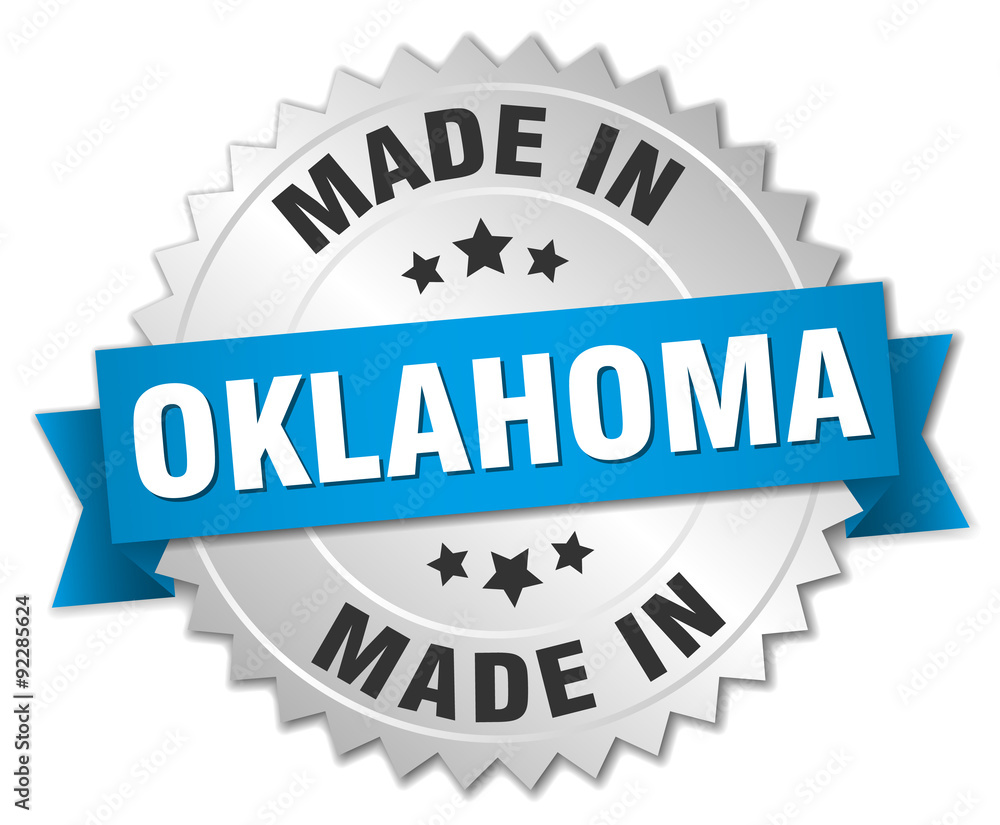 made in Oklahoma silver badge with blue ribbon made in Oklahoma silver badge with blue ribbon