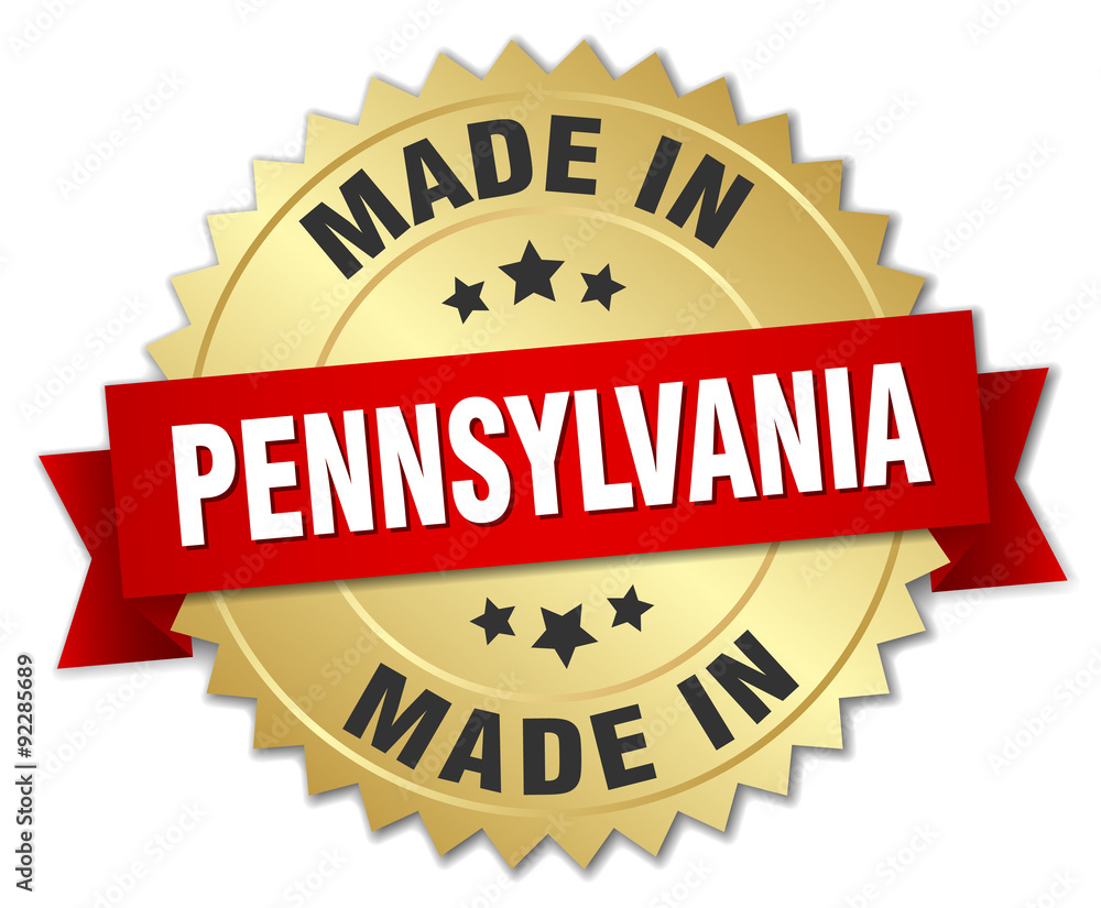 made in Pennsylvania gold badge with red ribbon made in Pennsylvania gold badge with red ribbon