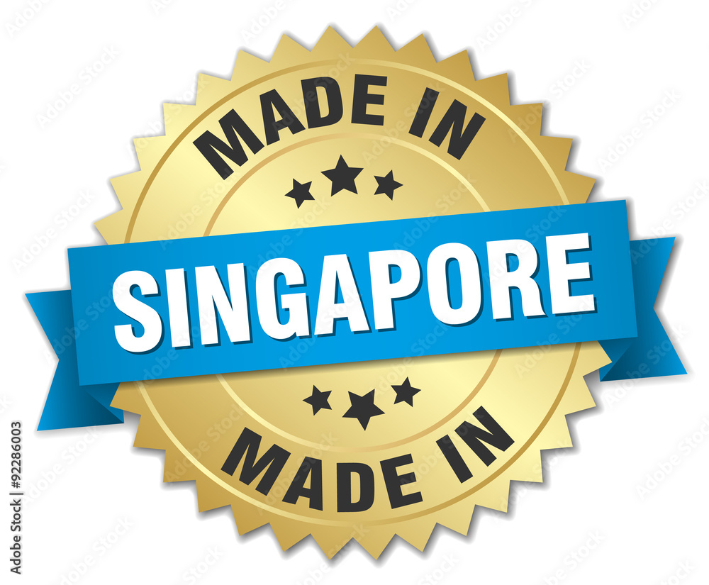 made in Singapore gold badge with blue ribbon