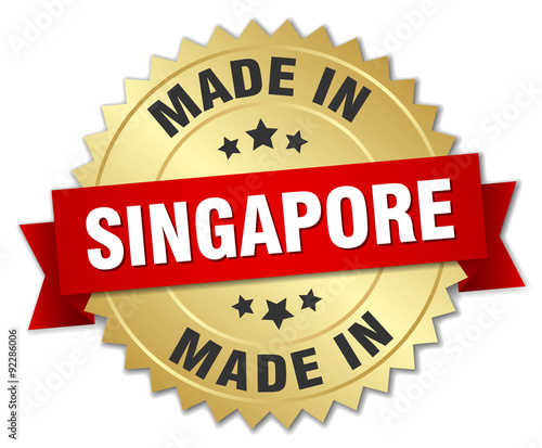 made in Singapore gold badge with red ribbon