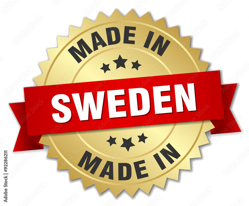 made in Sweden gold badge with red ribbon made in Sweden gold badge with red ribbon