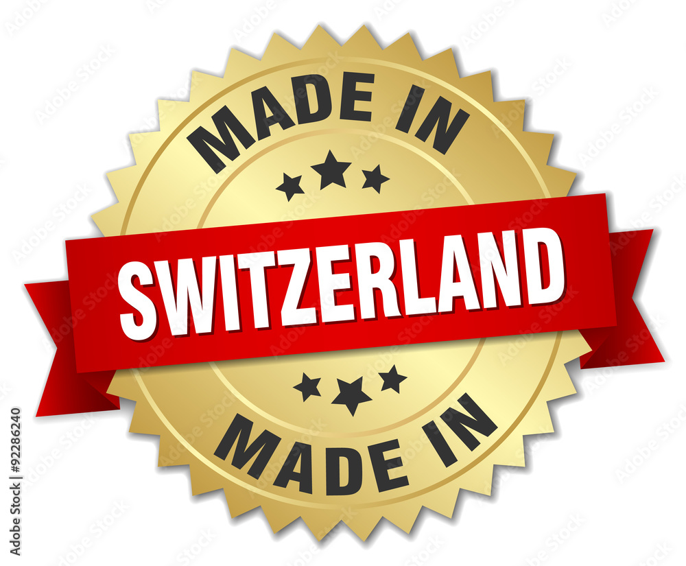 made in Switzerland gold badge with red ribbon made in Switzerland gold badge with red ribbon