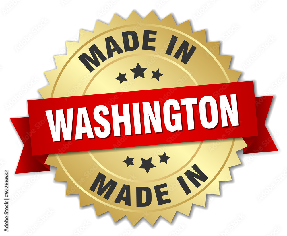 made in Washington gold badge with red ribbon made in Washington gold badge with red ribbon
