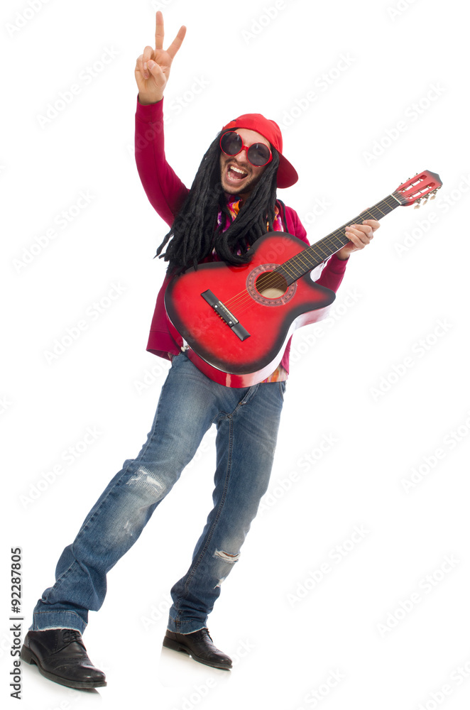 Male musician with guitar isolated on white