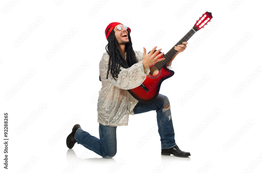 Male musician with guitar isolated on white Male musician with guitar isolated on white