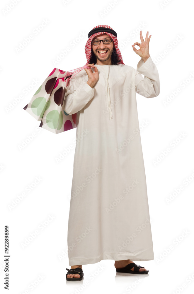 Arab man with shopping bags on white Arab man with shopping bags on white
