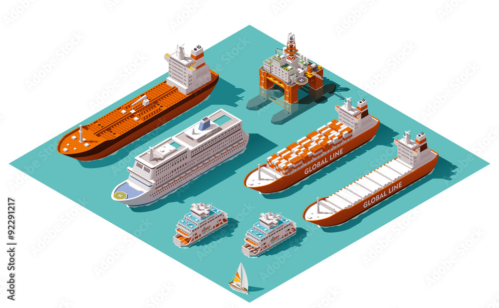 Obraz premium Vector isometric ships and oil rig
