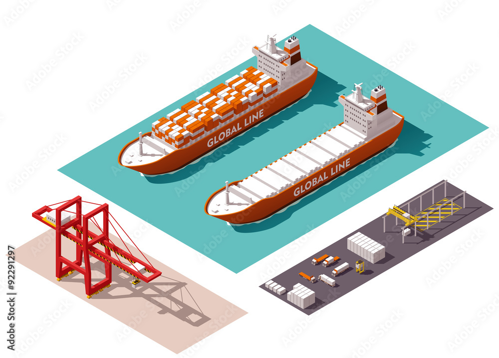Fototapeta premium Vector isometric cargo port elements