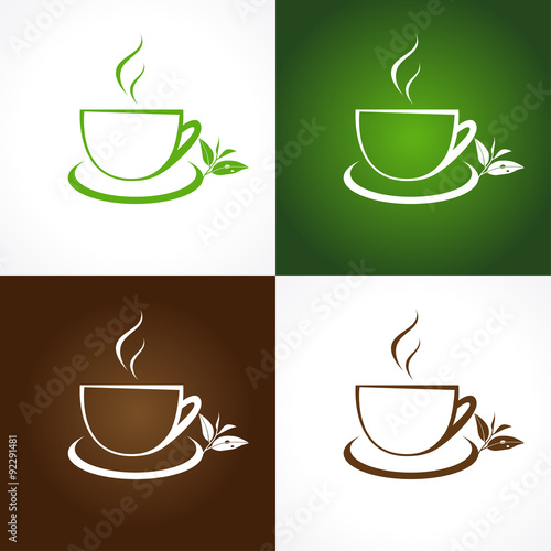 Tea company logo. The icon for cafes and teahouses with cup and tea leaves in vector.
