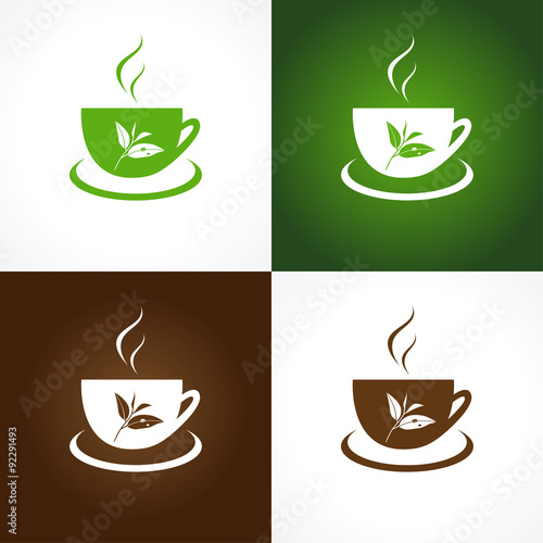 Tea company logo. The icon for cafes and teahouses with cup and tea leaves in vector.