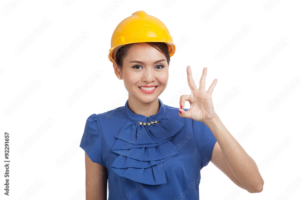 Asian engineer woman show OK sign Asian engineer woman show OK sign