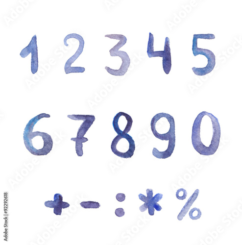 Hand written blue watercolor numbers