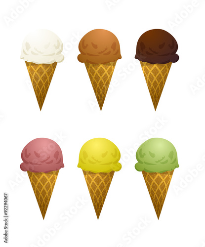 Set of six ice cream cone with different tastes- vanilla