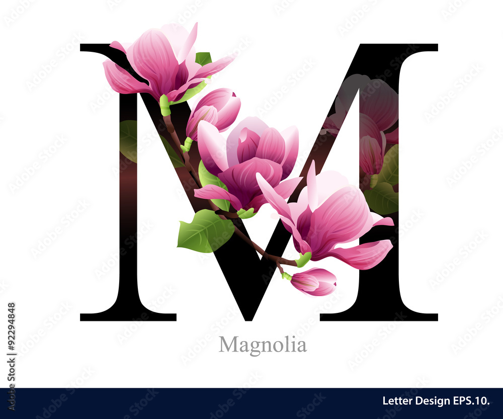 Naklejka premium Letter M vector alphabet with magnolia flower. ABC concept type