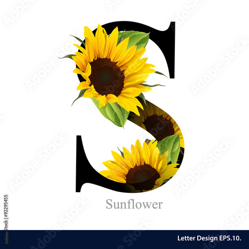 Fototapeta Naklejka Na Ścianę i Meble -  Letter S vector alphabet with sunflower. ABC concept type as log
