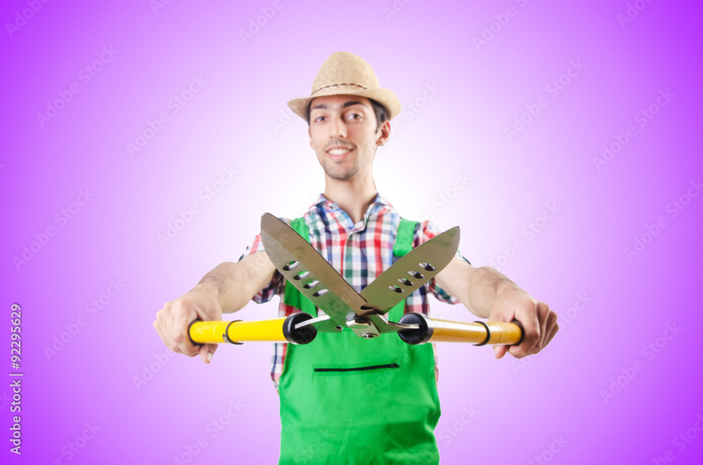 Man gardener with shears on white Man gardener with shears on white