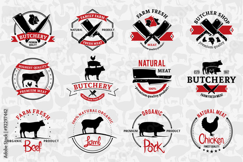 Butchery Logos, Labels, and Design Elements. Farm Animals Silhouettes and Icons photo