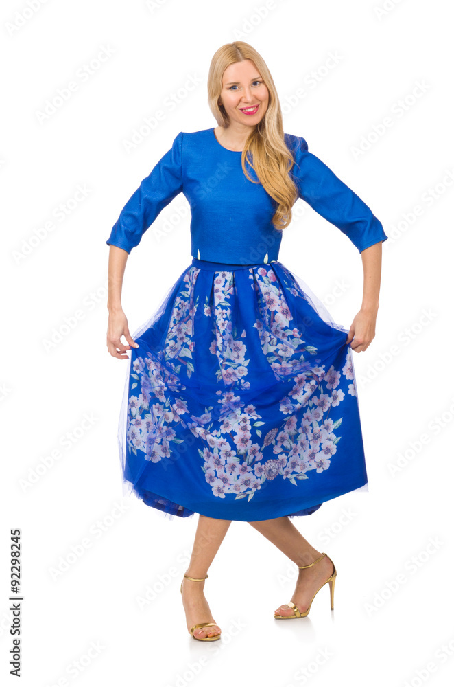 Woman in blue dress with flower prints isolated on white