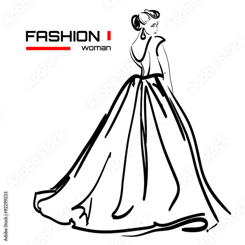 Sketch of woman's figure on white background with text. Vector illustration