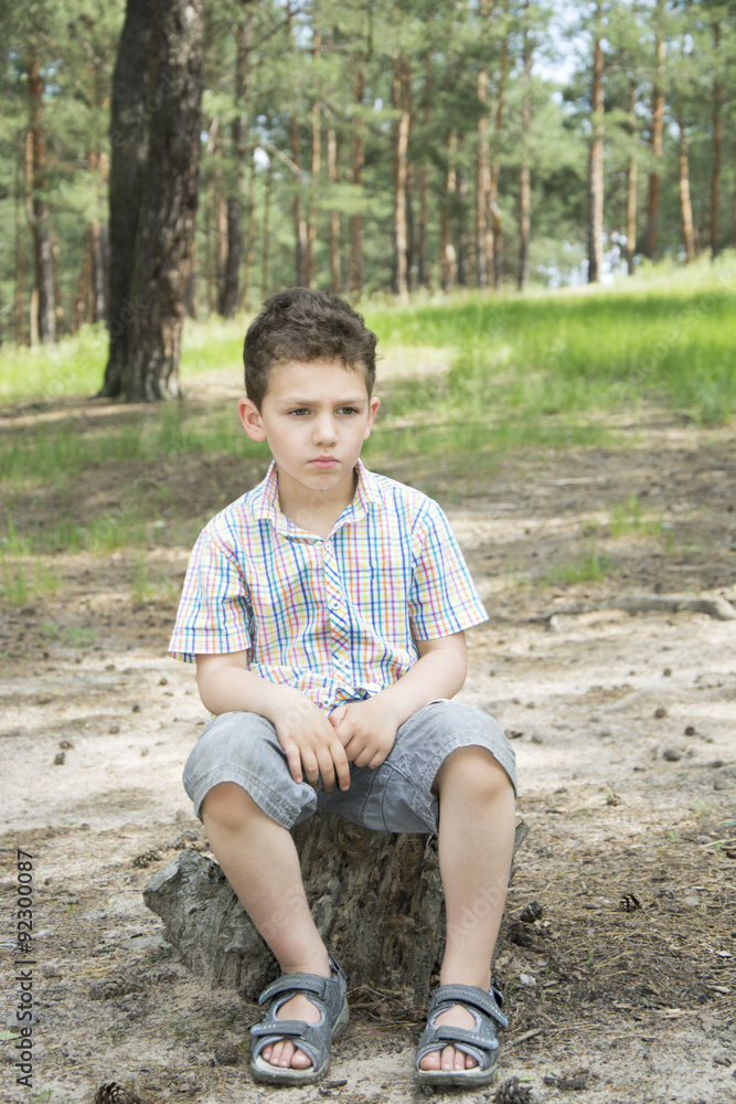 In summer, in a pine forest on a tree stump sits sad boy. In summer, in a pine forest on a tree stump sits sad boy.