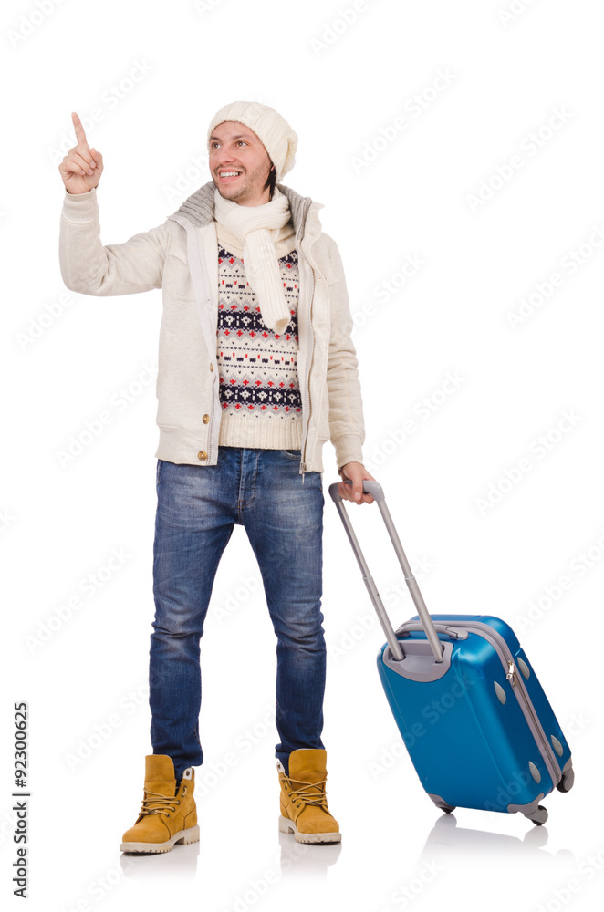 Tourist holding suitcase isolated on white Tourist holding suitcase isolated on white