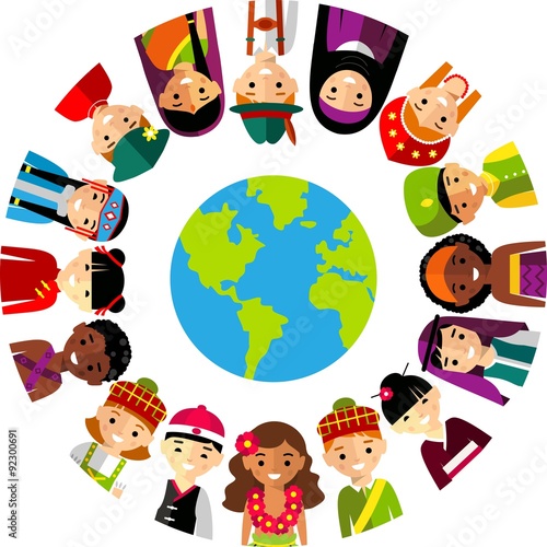  Vector illustration of multicultural national children, people on planet earth
