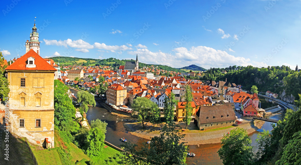 Aerial panoramic view of Cesky Krumlov and Vltava River Aerial panoramic view of Cesky Krumlov and Vltava River