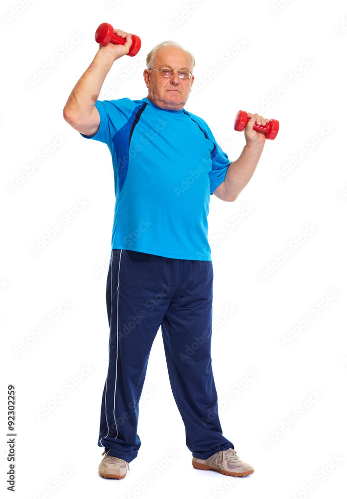 Elderly man with dumbbells.