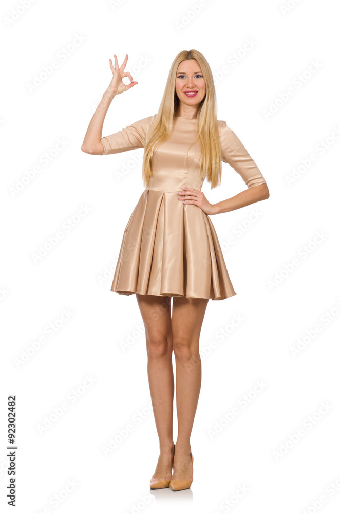 Pretty girl in satin mini dress isolated on white Pretty girl in satin mini dress isolated on white