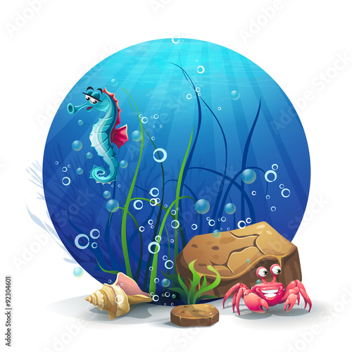 Illustration of underwater rocks with seahorse and crab