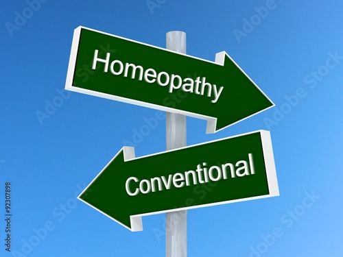 Homeopathy vs conventional sign. Homeopathy or conventional medicine choice concept
