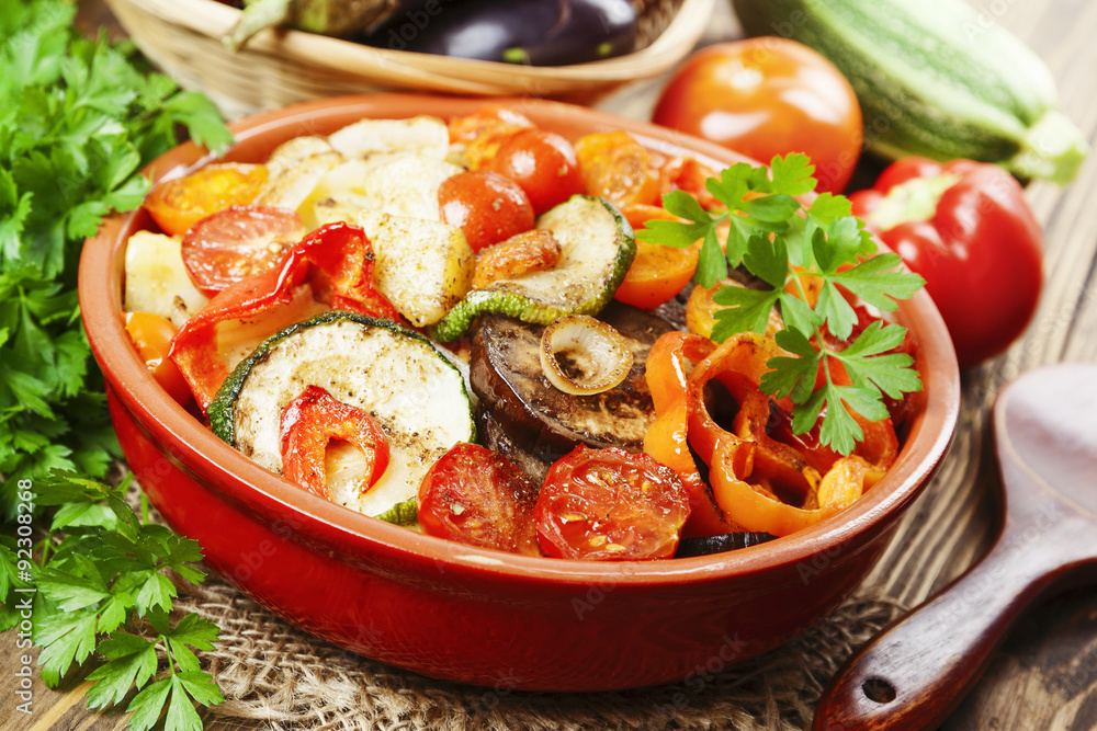 Roasted vegetables in a ceramic pot