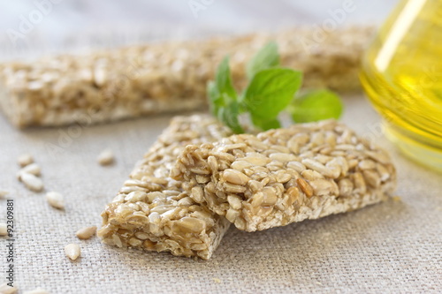 Gozinaki. Sweet bars with sunflower seeds and caramel.  photo