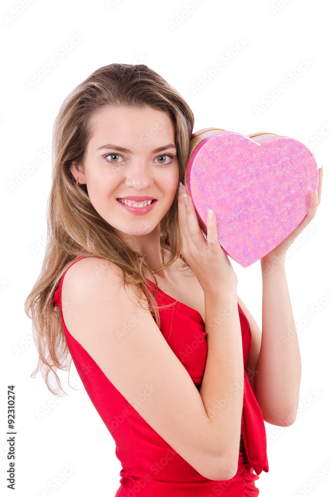 Pretty girl holding gift box isolated on white Pretty girl holding gift box isolated on white