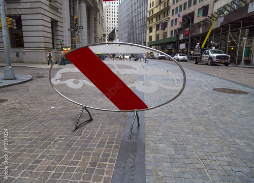 No cars allowed road sign near New York Stock Exchange building in lower Manhattan, USA