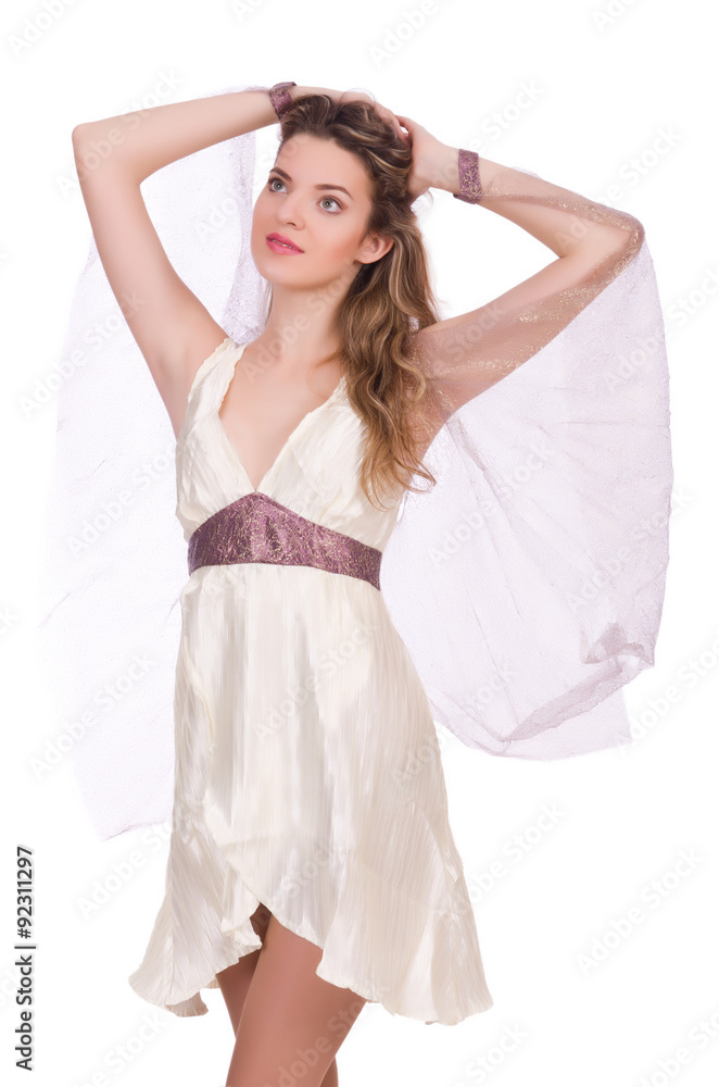 Naklejka premium Ładna pani w lekkiej sukience uroczy na białym tle