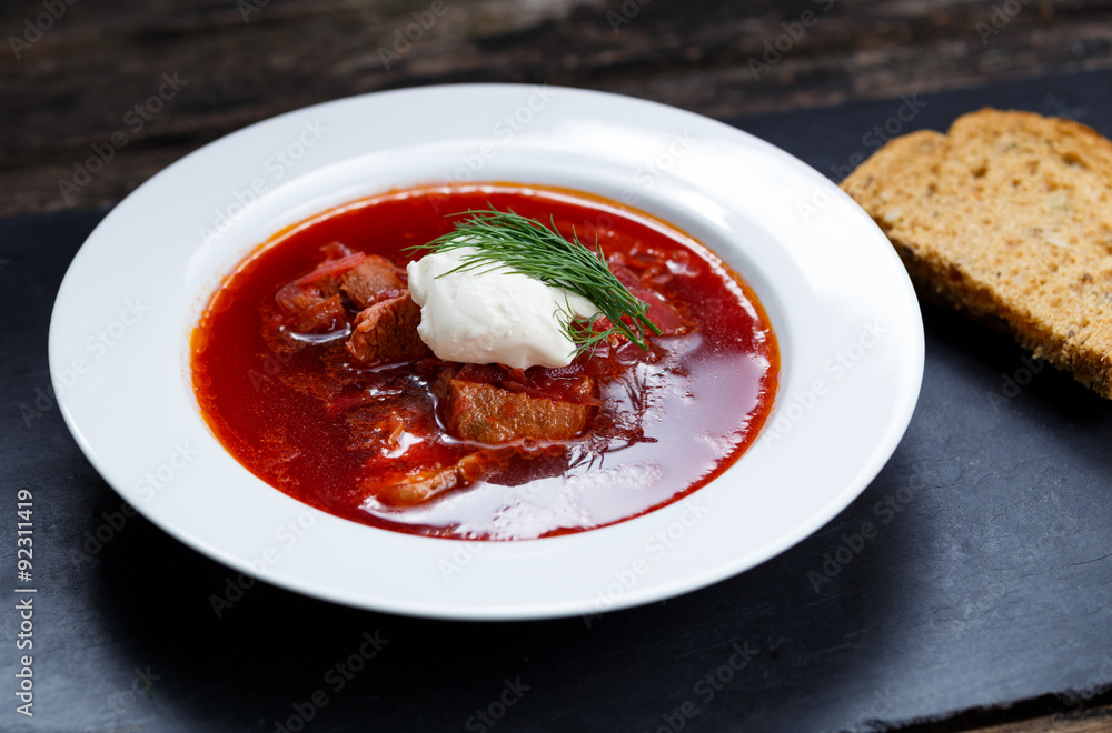 Borsch traditional russian soup. close up background.