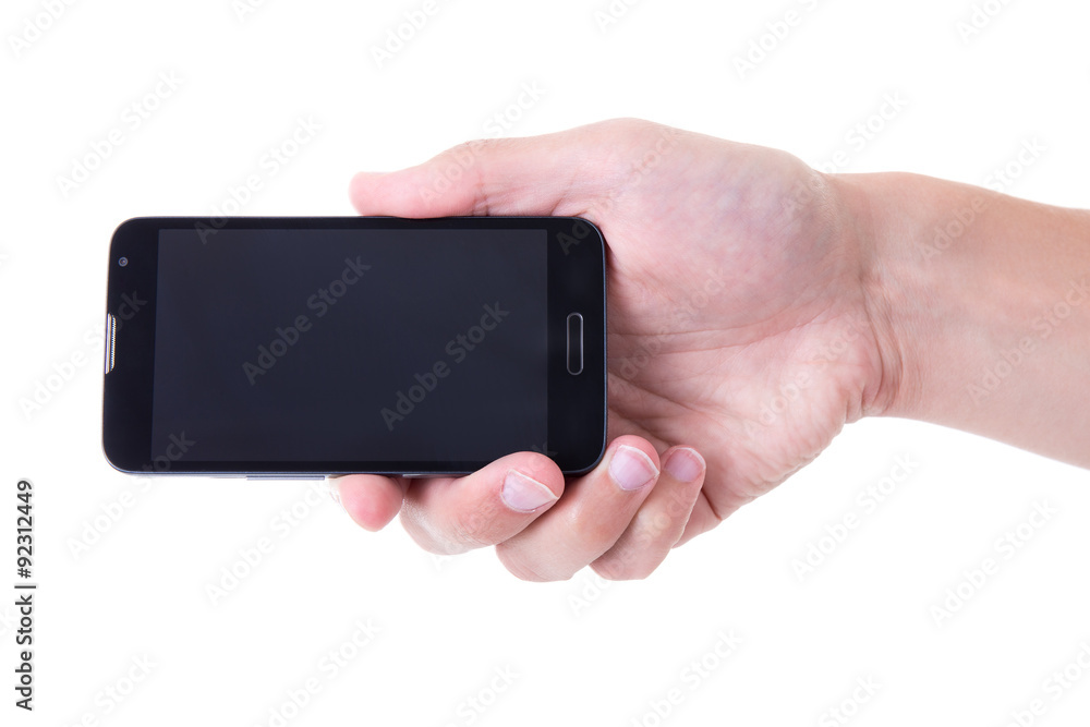 mobile phone in hand isolated on white mobile phone in hand isolated on white