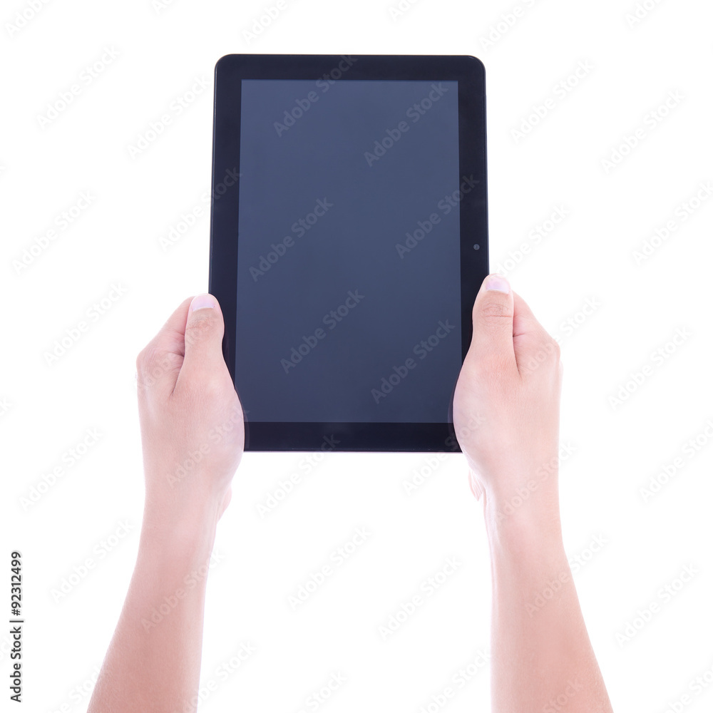 close up of tablet pc with blank screen in male hands isolated o close up of tablet pc with blank screen in male hands isolated o