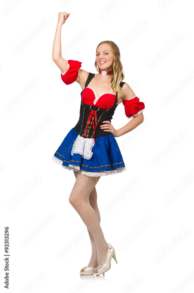 Woman in Oktoberfest concept on white Woman in Oktoberfest concept on white