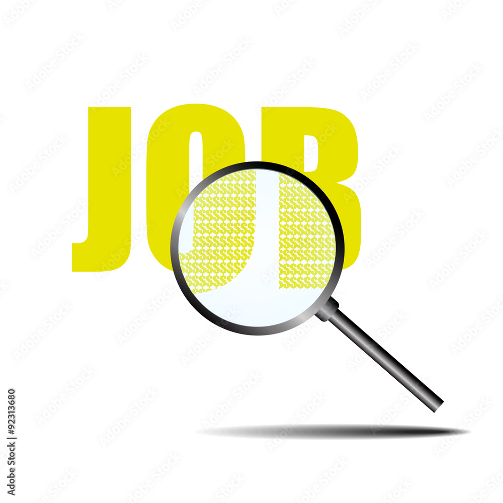 Vector : Job in magnifier glass with dollar symbol inside on whi Vector : Job in magnifier glass with dollar symbol inside on whi