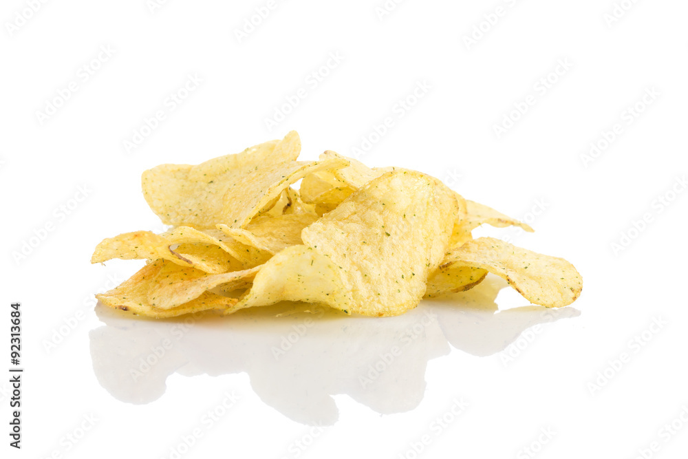 Prepared potato chips snack closeup view Prepared potato chips snack closeup view