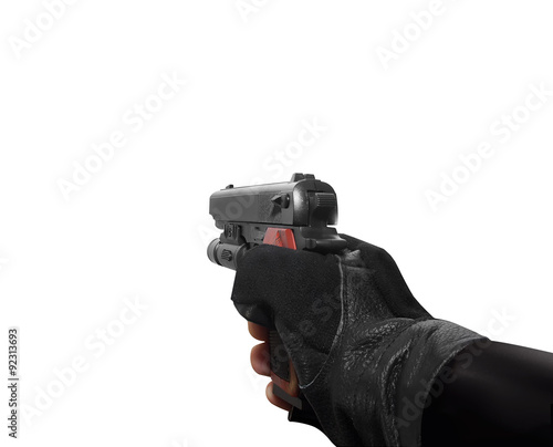 Hand holding a handgun. Isolated first person view hand holding a handgun on white background.