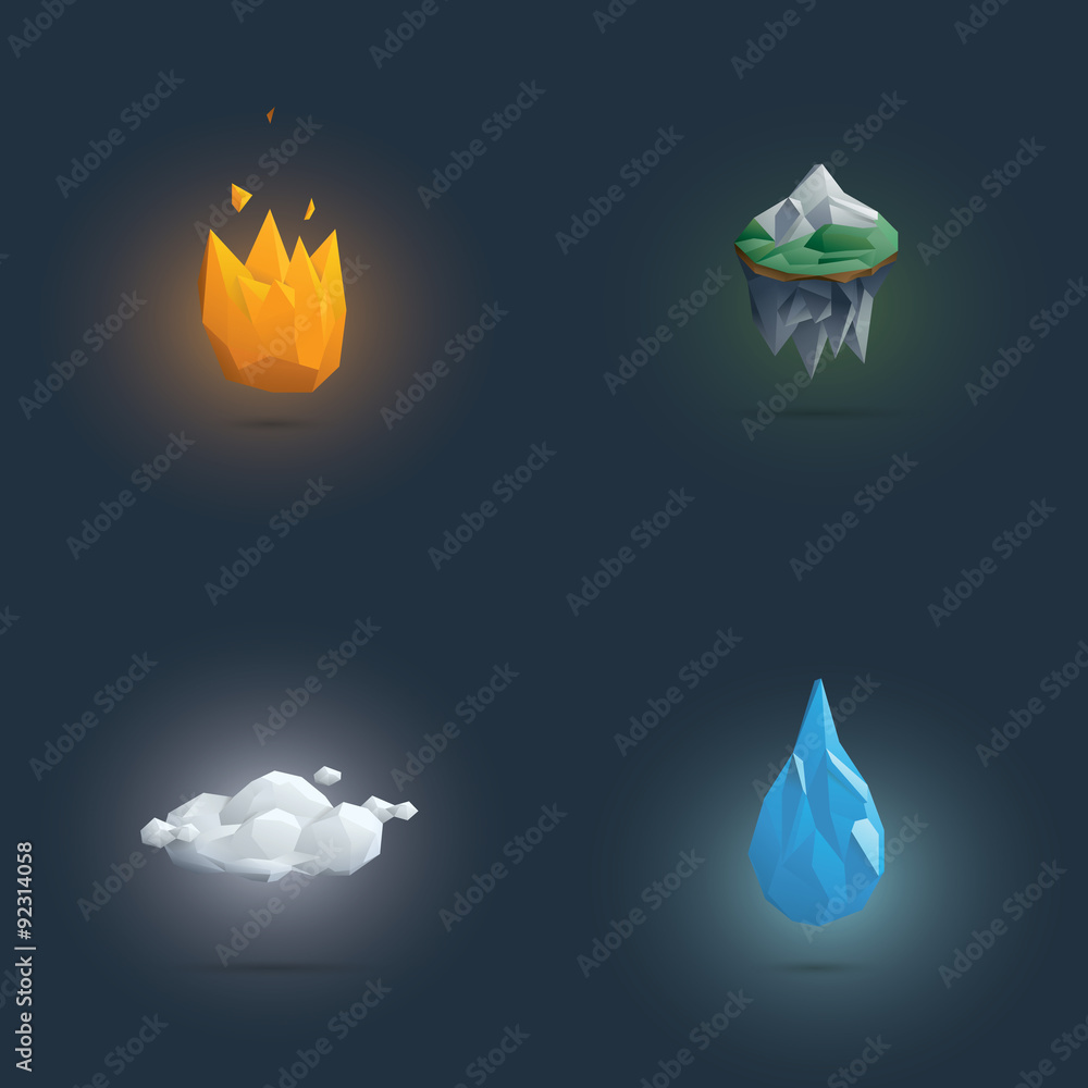 Low poly four elements symbols. 3d polygonal elemental shapes of Low poly four elements symbols. 3d polygonal elemental shapes of