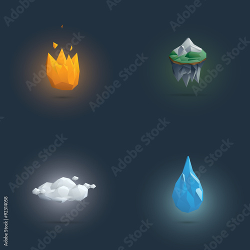 Low poly four elements symbols. 3d polygonal elemental shapes of