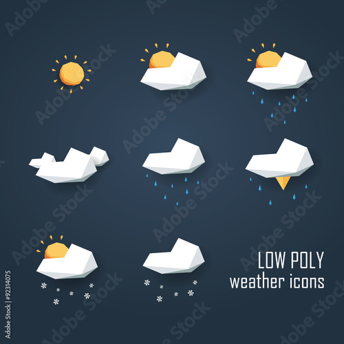 Low poly weather icons set. Collection of 3d polygonal symbols